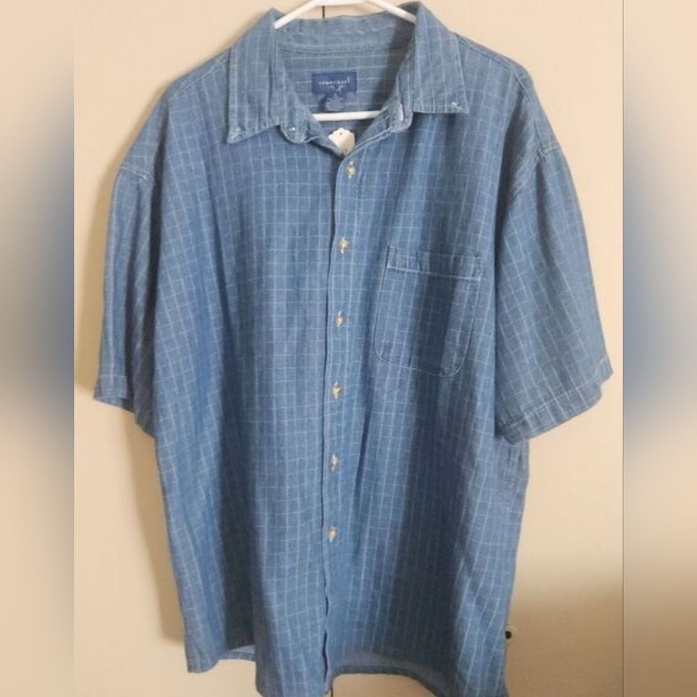 M9 Towncraft Blue denim w white windowpane stripe short sleeved Cotton Shirt